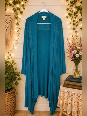 One World 2X Teal Lace Trim Waterfall Cardigan Boho Duster